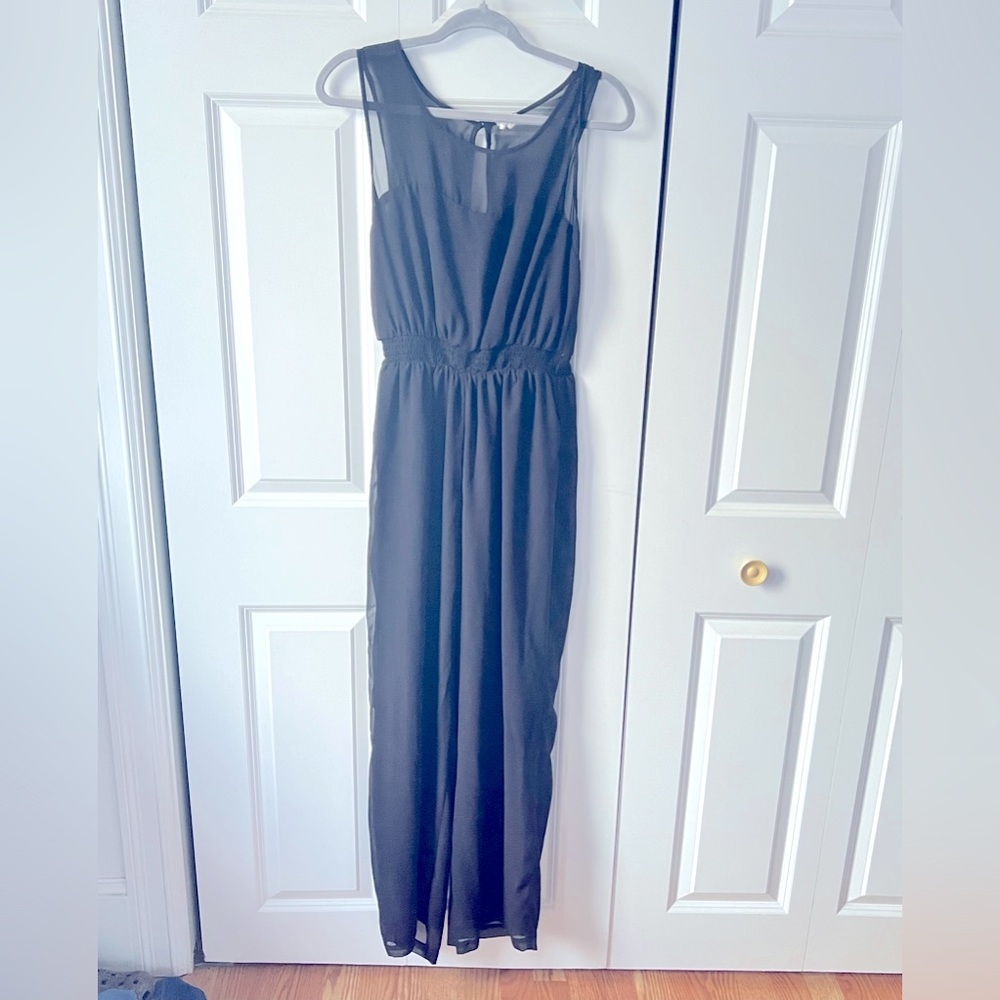 Sleeveless Black Jumpsuit w/ Sheer/Mesh Detail
